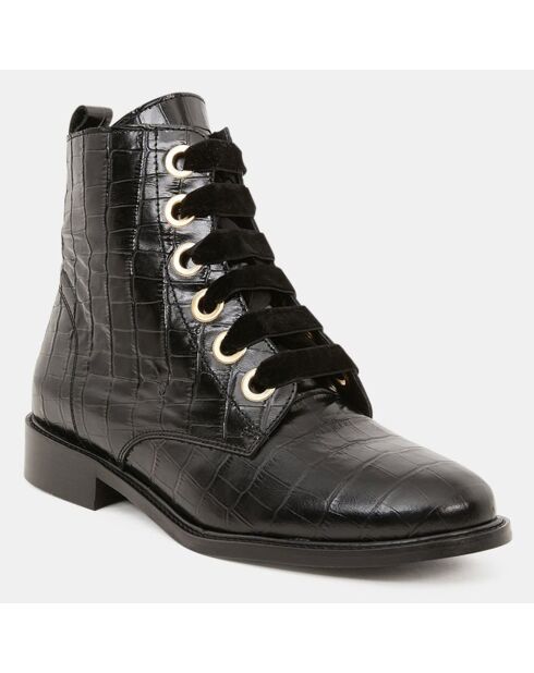 Bottines en Cuir croco à lacets velours noires - Talon 3 cm