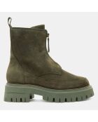 Boots en Velours de Cuir zip central vert kaki - Talon 5 cm