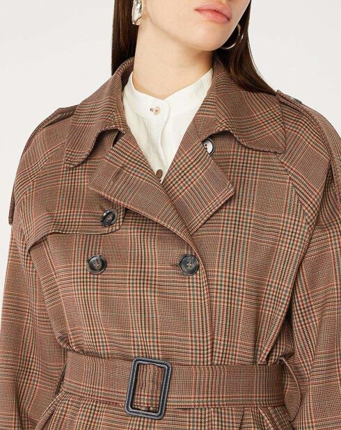 Trench long Perdonnet imprimé tartan marron