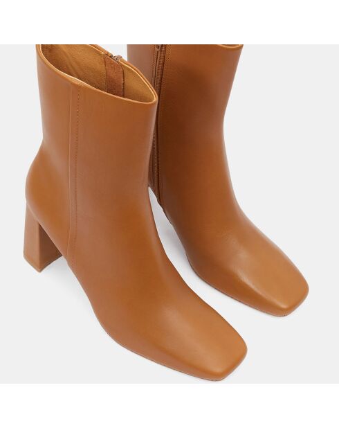 Bottines en Cuir talon bout carré camel - Talon 7 cm