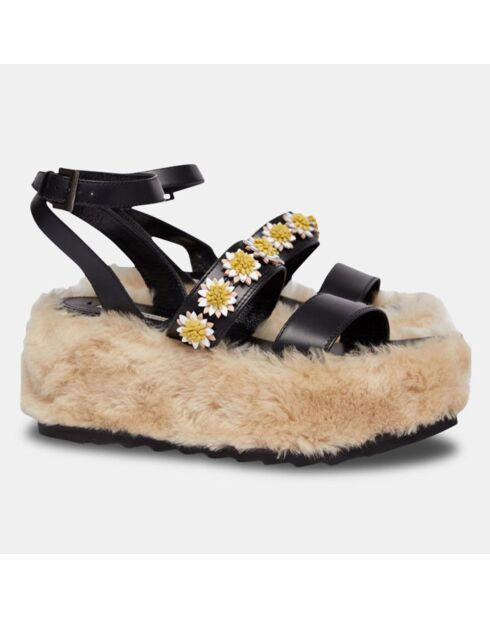 Sandales compensées en Cuir & Mouton Shia noires - Talon 6 cm
