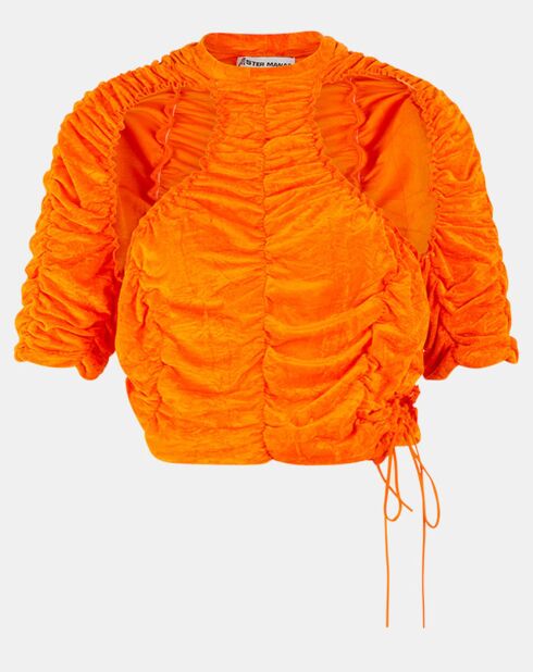 Orangefarbenes Crop-Top aus Samt mit Guckloch und Rüschen