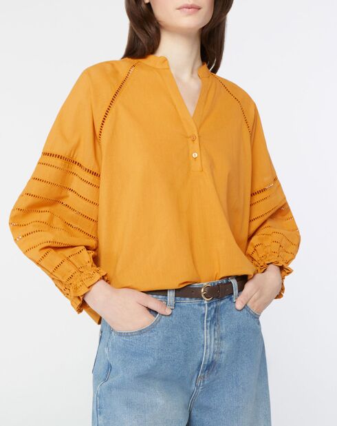 Blouse ample en Coton Ramos broderie jaune foncé