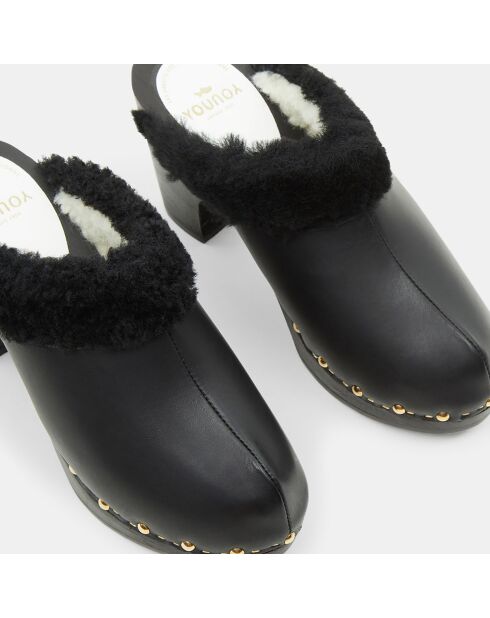 Sabots en Cuir fourrés noirs - Talon 9.5 cm