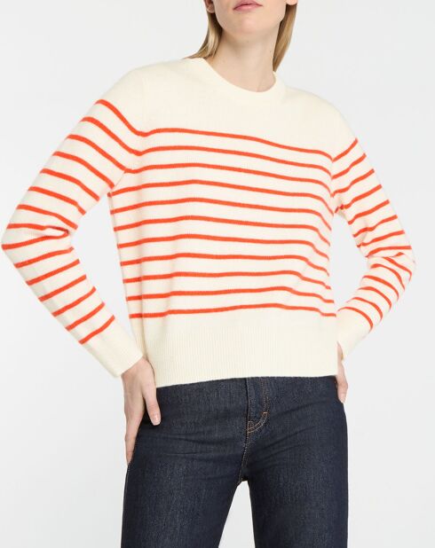 Pull en Laine & Cachemire Sadi marinière col rond écru/orange