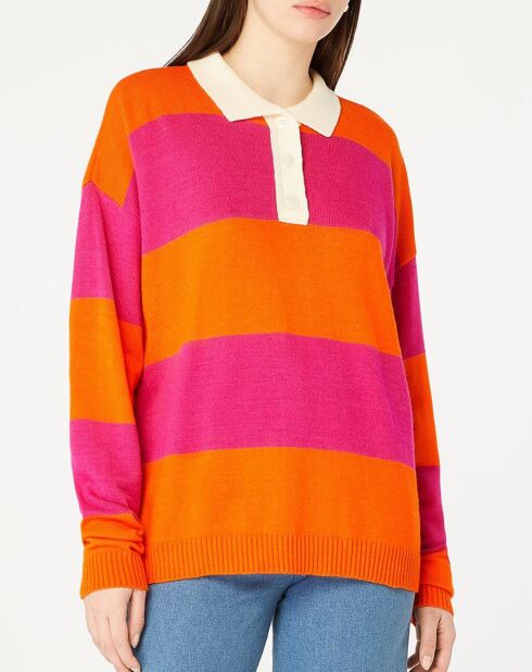 Lockerer Chessquier-Pullover im Polo-Stil mit rosa/orangen Streifen