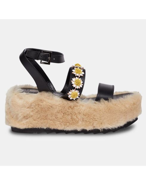 Sandales compensées en Cuir & Mouton Shia noires - Talon 6 cm