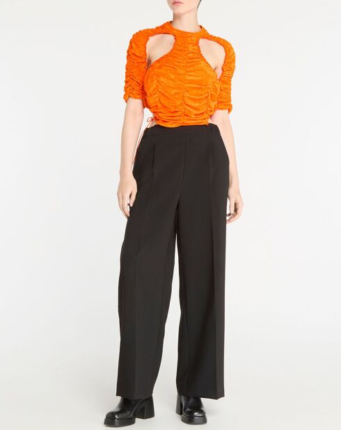 Orangefarbenes Crop-Top aus Samt mit Guckloch und Rüschen