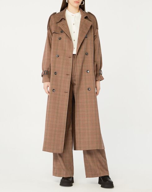 Trench long Perdonnet imprimé tartan marron