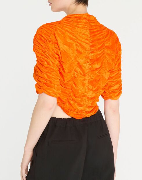 Orangefarbenes Crop-Top aus Samt mit Guckloch und Rüschen