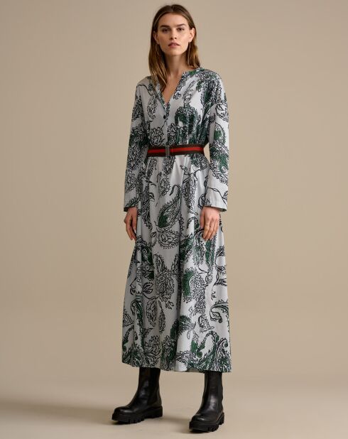 Robe kaftan en Coton Vascos fluide imprimée blanc/vert/noir