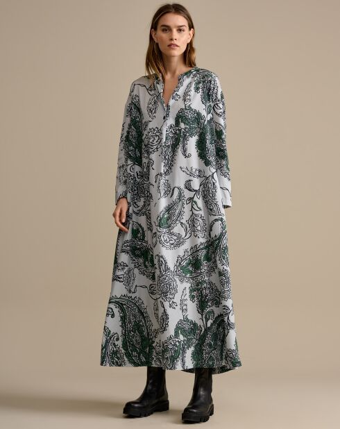 Robe kaftan en Coton Vascos fluide imprimée blanc/vert/noir