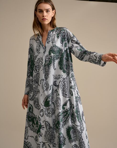 Robe kaftan en Coton Vascos fluide imprimée blanc/vert/noir