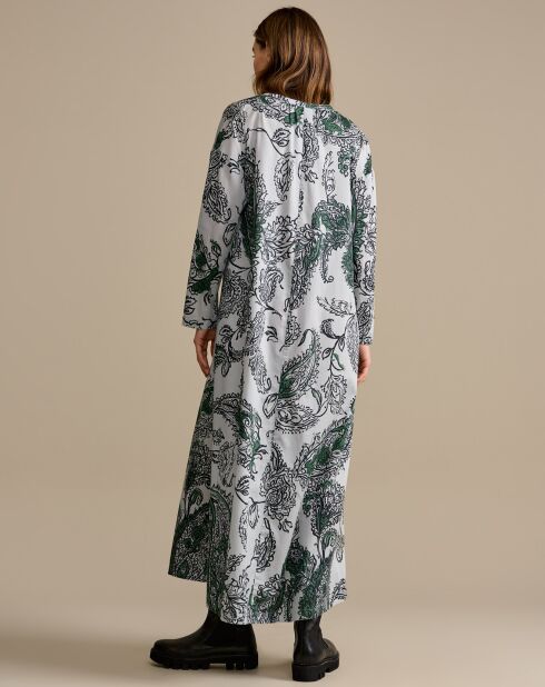 Robe kaftan en Coton Vascos fluide imprimée blanc/vert/noir