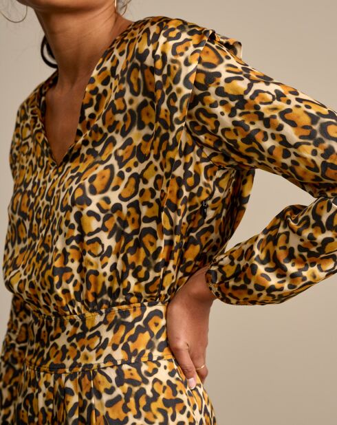 Robe midi effet satiné Annie léopard dorée/marron