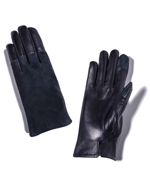 Gants en Cuir & Velours de Cuir d'Agneau doublure Soie Harmony marine