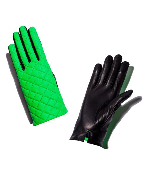 Gants en Cuir d'Agneau doublure Soie Rose N°1 vert fluo