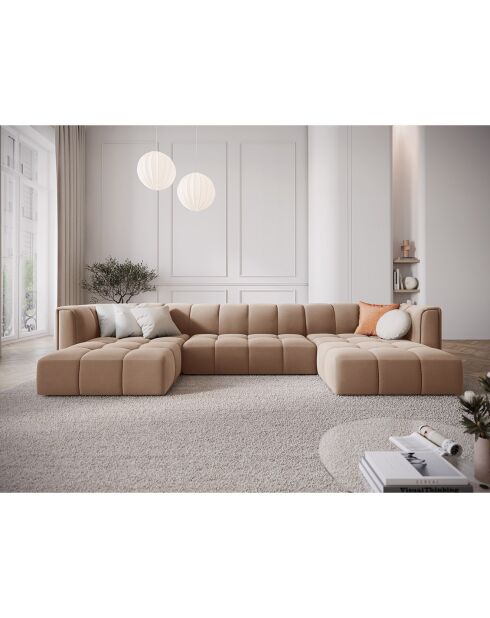 Canapé Panoramique Velours Adams 5 Places beige - 346x160x70 cm