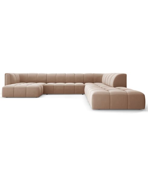 Canapé d'angle droit Panoramique Modulable En Velours Adams 7 Places beige - 316x276x70 cm