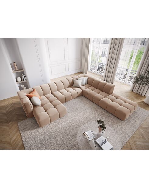 Canapé d'angle droit Panoramique Modulable En Velours Adams 7 Places beige - 316x276x70 cm