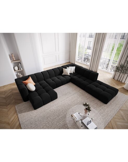 Canapé d'angle droit Panoramique Modulable En Velours Adams 7 Places noir - 316x276x70 cm