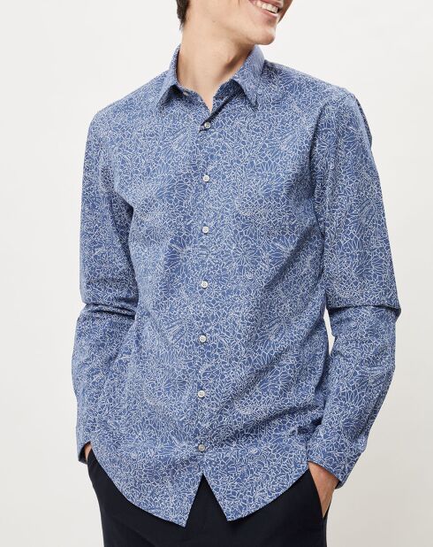Camicia slim blu media con stampa floreale