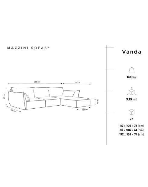 Canapé d'angle droit Velours Vanda 4 Places beige clair - 300x166x85 cm