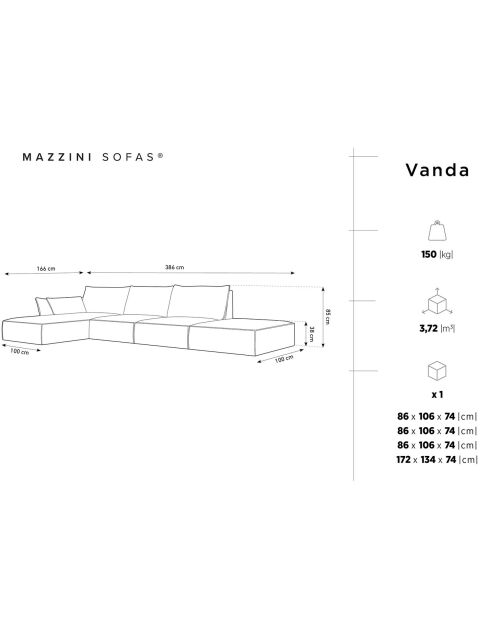 Canapé d'angle gauche Velours Vanda 5 Places noir - 386x166x85 cm