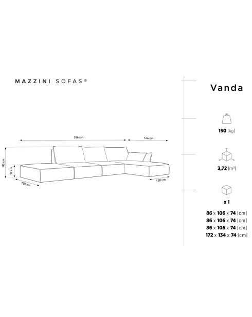 Canapé d'angle droit Velours Vanda 5 Places noir - 386x166x85 cm