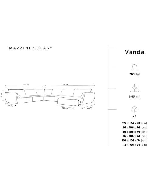 Canapé d'angle Panoramique gauche Velours Vanda 8 Places noir - 384x284x85 cm