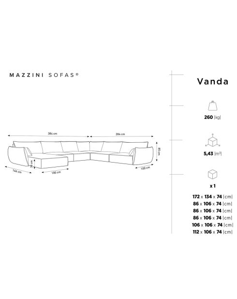 Canapé d'angle Panoramique droit Velours Vanda 8 Places beige clair - 384x284x85 cm