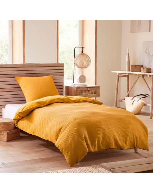 Parure housse de couette en nid d'abeille curry