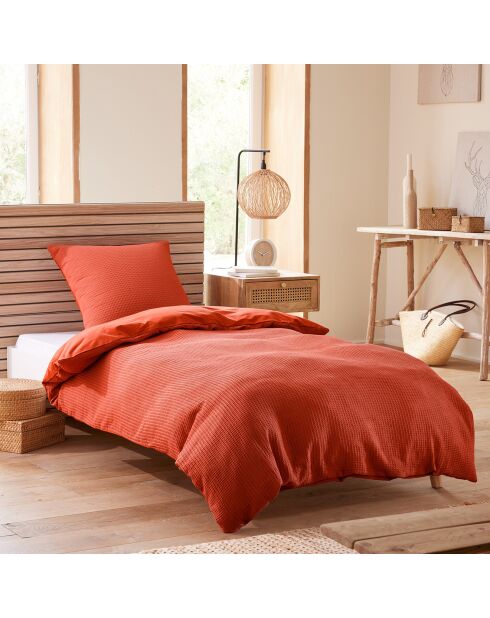 Parure housse de couette en nid d'abeille terracotta