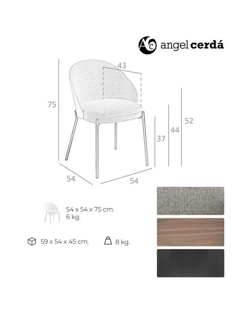 Chaise de salle à manger en tissu gris/noir mat - 54x54x75 cm