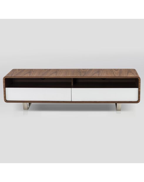 Meuble TV 2 tiroirs laqué noyer/blanc - 150x40x40 cm