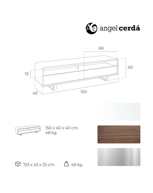 Meuble TV 2 tiroirs laqué noyer/blanc - 150x40x40 cm
