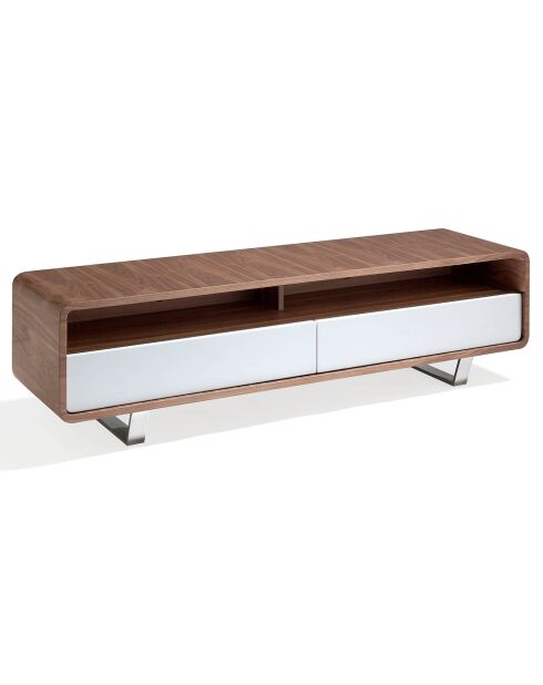 Meuble TV 2 tiroirs laqué noyer/blanc - 150x40x40 cm