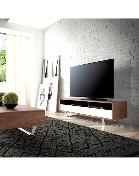 Meuble TV 2 tiroirs laqué noyer/blanc - 150x40x40 cm