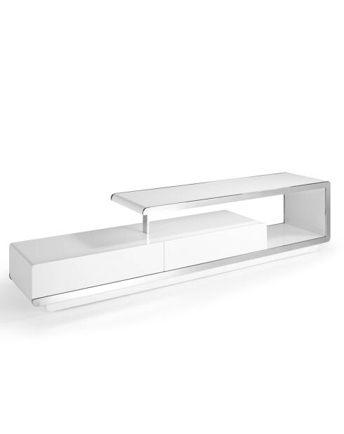 Meuble TV laqué double blanc/acier - 200x40x45 cm