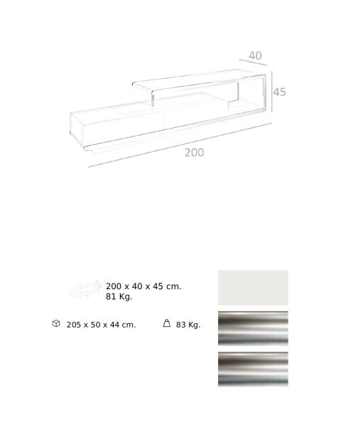 Meuble TV laqué double blanc/acier - 200x40x45 cm