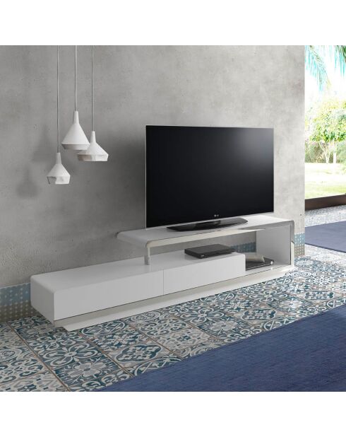 Meuble TV laqué double blanc/acier - 200x40x45 cm