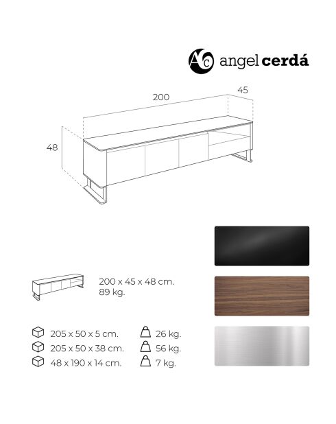 Meuble TV plateau en verre noyer/noir - 200x45x48 cm