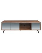 Meuble TV 4 portes effet miroir noyer/acier/noir/verre - 180x50x45 cm