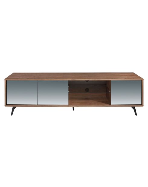 Meuble TV 4 portes effet miroir noyer/acier/noir/verre - 180x50x45 cm