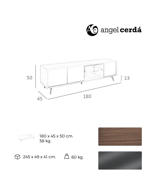 Meuble TV 4 portes effet miroir noyer/acier/noir/verre - 180x50x45 cm