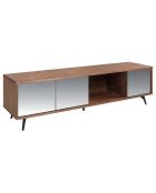 Meuble TV 4 portes effet miroir noyer/acier/noir/verre - 180x50x45 cm