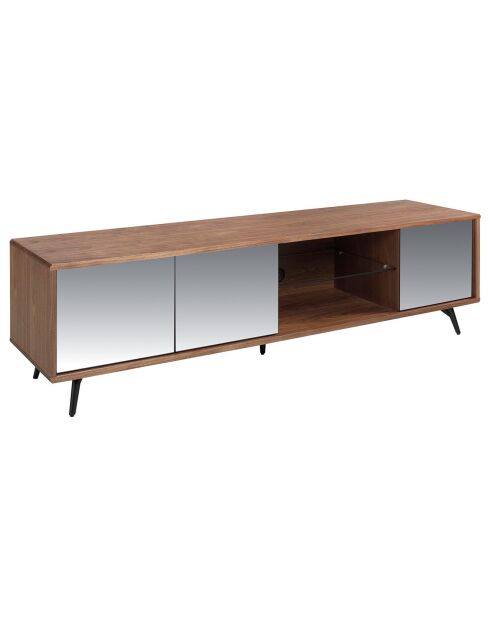 Meuble TV 4 portes effet miroir noyer/acier/noir/verre - 180x50x45 cm
