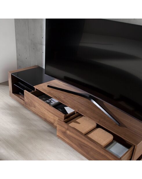 Meuble TV 2 tiroirs noyer/noir - 200x45x38 cm