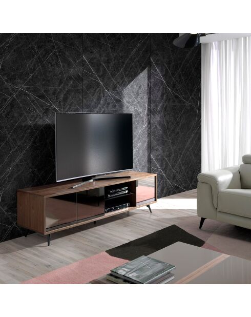 Meuble TV 4 portes effet miroir noyer/acier/noir/verre - 180x50x45 cm