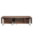Meuble TV 4 portes effet miroir noyer/acier/noir/verre - 180x50x45 cm
